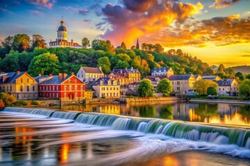 Fototapeta premium Surreal Ohio River Frankfort Kentucky: Historic Buildings, Scenic Riverfront, Dreamlike Landscape