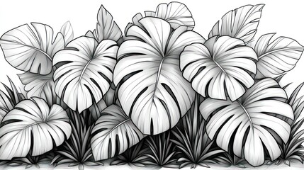 Monochrome illustration of lush tropical foliage.