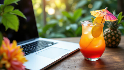 A relaxed summer Fridays vibe with a laptop, refreshing drink, umbrella, and tropical setting.