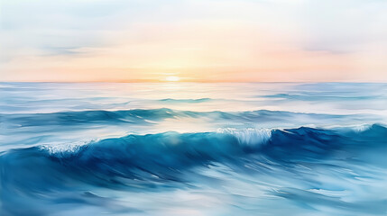 Watercolor waves gently blending into a calm horizon, soft pastel tones, minimal composition symbolizing peace and serenity