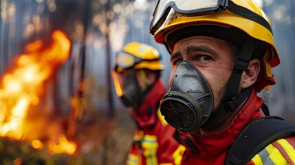 Two male firefighters in yellow helmets and protective gear stand amidst a raging wildfire, showcasing determination and focus in a perilous situation. disaster management, emergency response