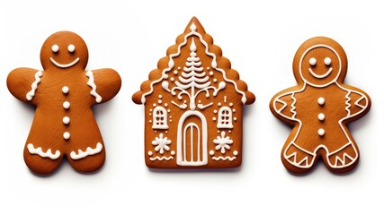 Fototapeta premium Christmas cookies. two gingerbread men and a gingerbread house. isolated elements on a white background