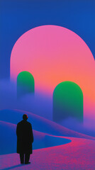 Naklejka premium Memory reset in a glowing city square under a vibrant twilight sky with abstract arches