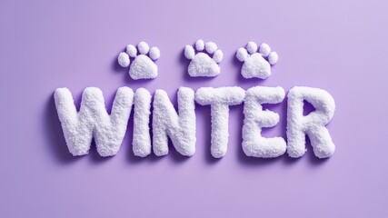 the inscription Winter on a lilac background. Snow-covered letters and traces of cat paws. snow text style effect