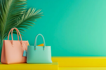 A vibrant and colorful scene with two pastel colored handbags beautifully placed on a modern, abstract yellow platform, surrounded by lights and subtle geometric elements.