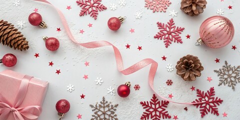 Obraz premium A Festive Christmas Flat Lay with Pink and Red Ornaments, Glitter Snowflakes, and a Wrapped Gift Box with a Pink Bow