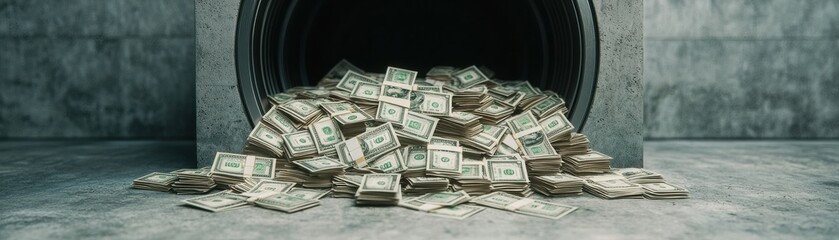 A pile of cash spills out from a dark tunnel, creating a striking contrast with the concrete surroundings.