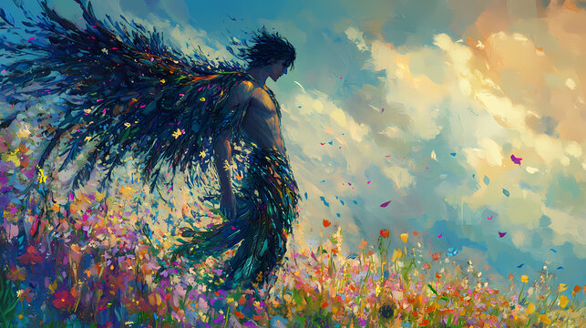 Zephyr zephyrus god of winds blowing spring whispering on a colorful vivid colors flowers field. Zephyrine. Illustration
