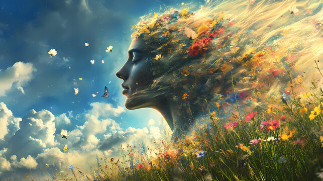 Zephyr zephyrus god of winds blowing spring whispering on a colorful vivid colors flowers field. Zephyrine. Illustration