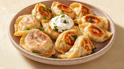 Crispy flat lay of russian pelmeni dumplings with sour cream kitchen table food cozy ambiance culinary delight