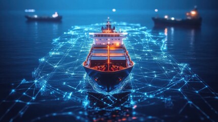 Futuristic cargo ship navigating through a network of digital connections at sea.