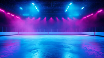 Ice Rink Background. Professional Arena illuminated blue, pink neon lights, spotlights with smoke. Copyspace. Winter poster for hockey competitions. Ice skating. Stadium
