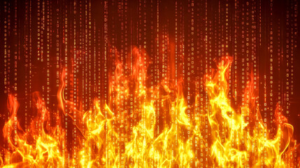 Binary code burning in fiery digital inferno, a powerful visualization of data destruction