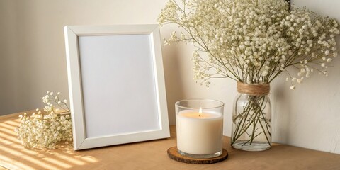A blank picture frame with a burning candle and white flowers on a rustic wooden table