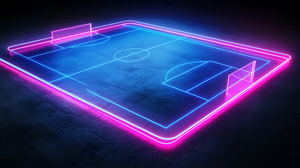 3d render, neon soccer field scheme, football playground, virtual sportive game, pink blue glowing line. Isolated on black background.