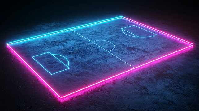 3d render, neon soccer field scheme, football playground, virtual sportive game, pink blue glowing line. Isolated on black background.