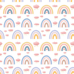 Rainbow seamless pattern with clouds. Cute background for kids in pastel colors. Sky theme for nursery, fabric, wallpaper. Vector design