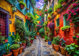 Surreal Vibrant Alleyway: Colorful Buildings, Murals, Plants - Psychedelic Street Art Photography