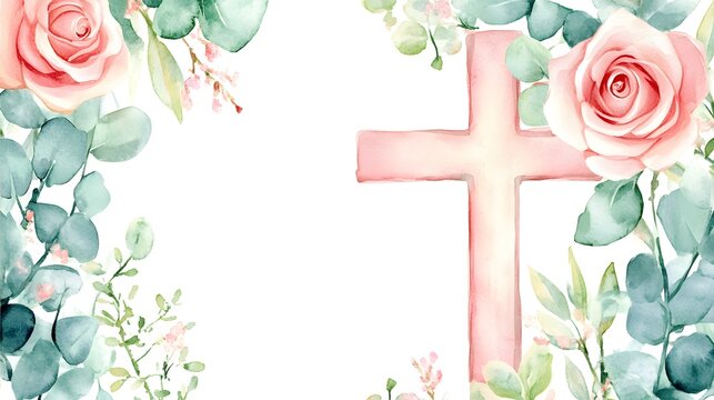 Watercolor Floral Cross Design with Roses and Greenery