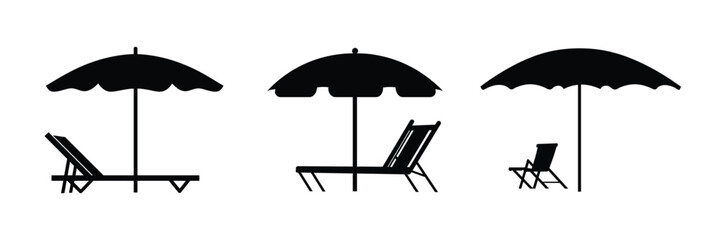 Set of Beach umbrella and sunbed icon, silhouette, vector, outline, illustration isolated on white background © motiur vector artist
