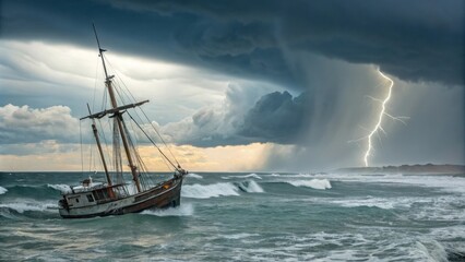 Obraz premium A weathered sailboat braves the tumultuous ocean during a lightning storm, the vessel's sails billowing as powerful waves crash against its hull.