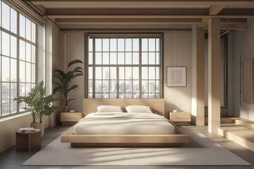 Fototapeta premium 3D render of a minimalist loft bedroom with open space, natural wood tones, sleek furniture, and large windows allowing abundant light for a calm, modern aesthetic. 
