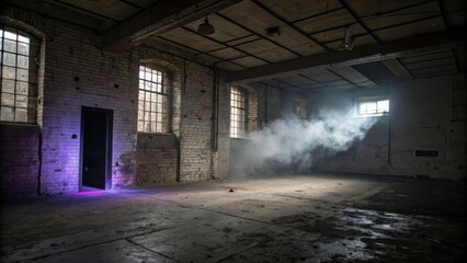 Fototapeta premium A Dimly Lit Abandoned Warehouse With a Single Ray of Light Piercing Through the Smoke and Dust