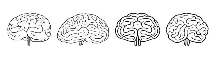 Set of Human brain icon, silhouette, vector, outline, illustration isolated on white background