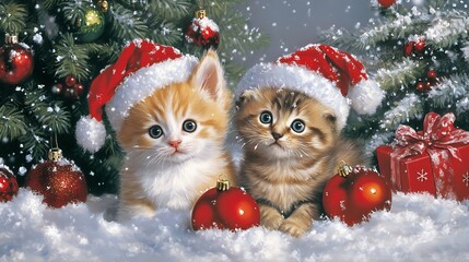 Obraz premium Cute puppy and kitten sitting together in snow wearing Christmas hats near decorated Christmas trees