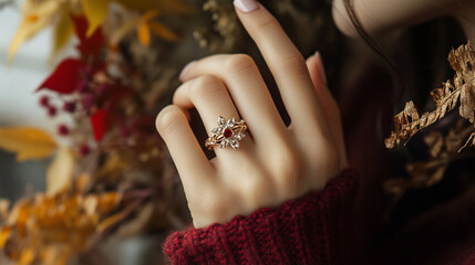 Elegant hand adorned with a unique ring surrounded by autumn foliage in warm tones