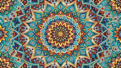 Fototapeta premium Symmetrical Geometric Ornament Seamless Pattern, Geometric Wallpaper, Background Design, Repeating Texture, Abstract Art