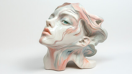 A marble bust of an ethereal character with flowing pastel-toned hair, soft blush accents, and striking