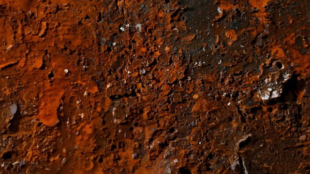 Cinematic video zooms to a rusted metal texture featuring deep oranges and browns with corroded patterns