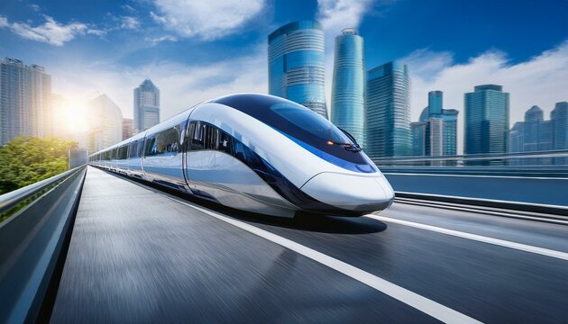 High-speed hyperloop train traveling through a city