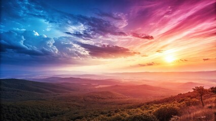 Obraz premium A vibrant sunset paints the sky with a tapestry of colors, casting a golden glow over rolling hills and a forest below