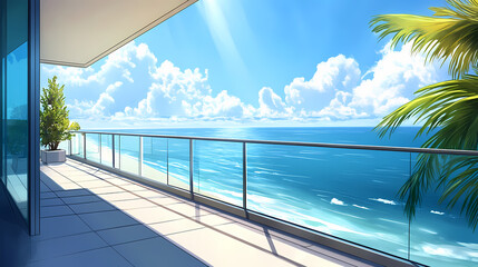 Fototapeta premium Sleek glass-railed balcony with sea breeze and ocean views, ocean view, balcony, breeze. Zephyrine. Illustration