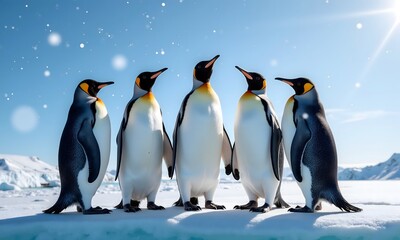 Fototapeta premium Five King Penguins in Antarctica's Snowy Landscape