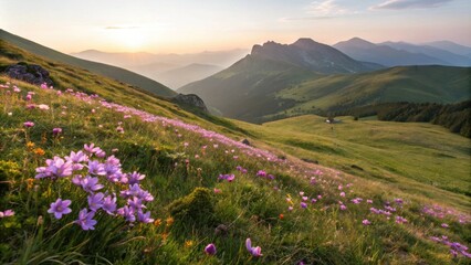 A field of pink wildflowers blooms on a grassy hillside with distant mountains in the background at sunset.