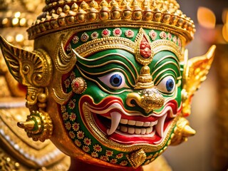Naklejka premium Thai Khon Mask Golden Mask, Traditional Thai Dance Mask, Luxury Khon Mask Photography, Golden Khon Mask Product Shot