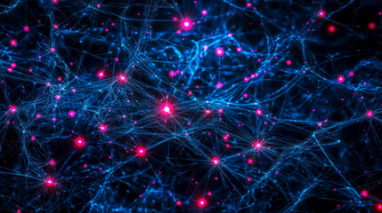 Fototapeta premium Neural network communicating with bright pink synapses on dark background