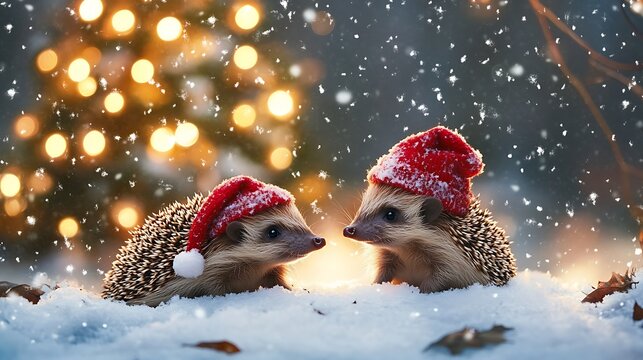 Family of hedgehogs wearing festive red hats sitting in snow near glowing Christmas trees