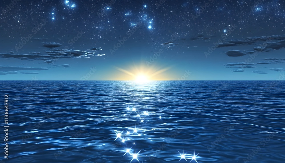 Poster serene sunrise over tranquil ocean waves with sparkling reflections and starry sky in the background