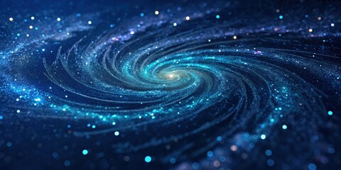 Abstract Cosmic Spiral of Light and Sparkle A Whirlwind of Blue and Silver Dust in a Dark Night Sky
