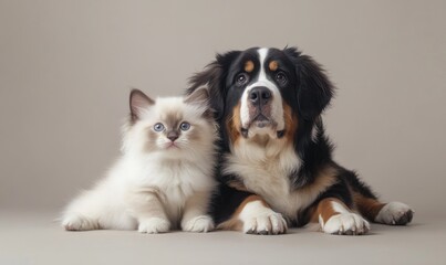 A Birman kitten and a Bernese Mountain Dog puppy sitting together on a soft neutral background