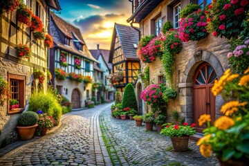 Fototapeta premium Tilt-Shift European Village: Cobblestone Streets, Charming Architecture, Historic Town, Travel Photography