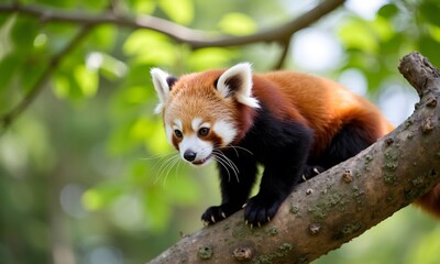 Adorable Red Panda on a Branch in Lush Greenery
