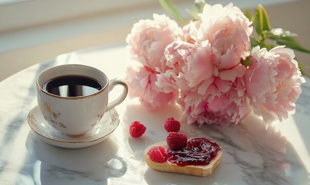 A cup of coffee is on a table with a plate of raspberries