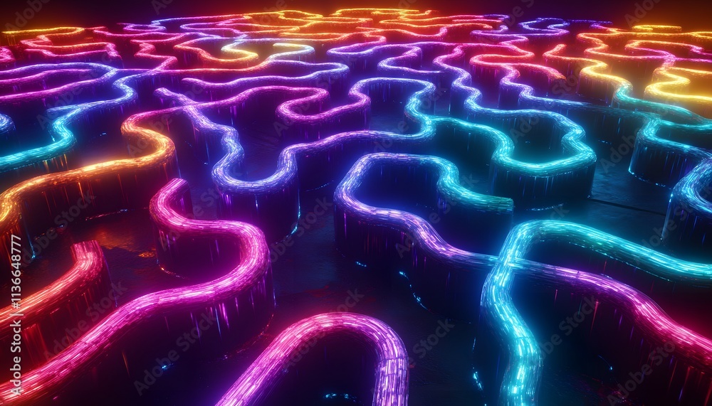 Poster Colorful Neon Wires Forming Intricate Abstract Patterns on a Dark Background, Evoking a Futuristic and Organic Aesthetic with Vibrant Light Trails