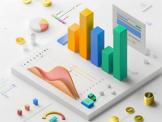 A clean and modern graphic showing revenue growth with colorful bars and minimalist icons