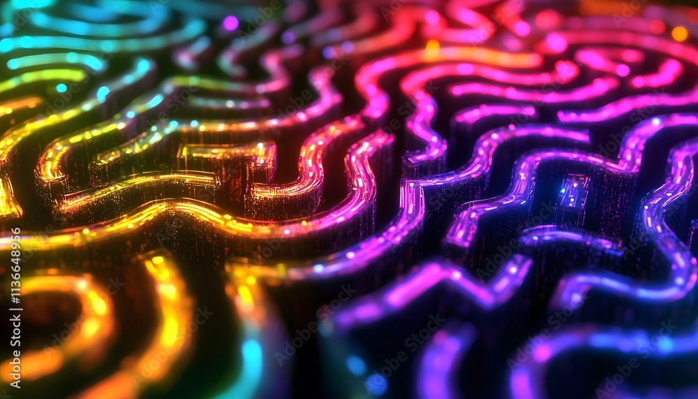 Aufkleber Abstract Colorful Maze Pattern with Light Trails, Glowing Lines and Fluid Shapes in Vibrant Hues Representing Creativity and Complexity